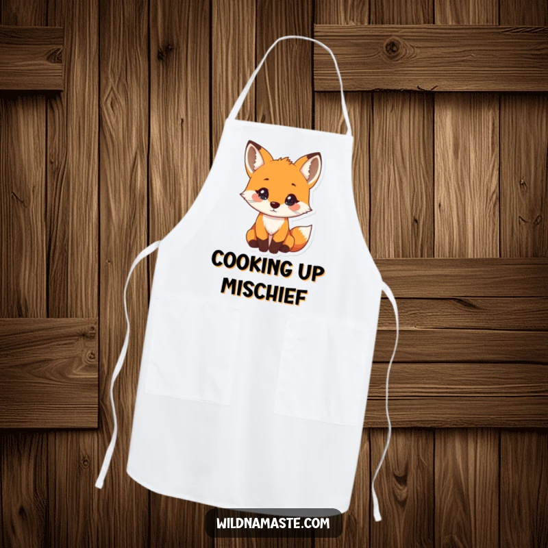 Funny apron featuring a tiny, curious fox with its head tilted and a gentle nose twitch, perfect for kitchen tasks.