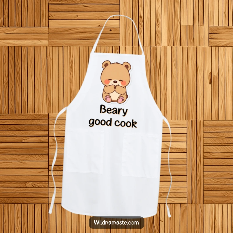 Funny apron featuring a small, round bear cub bowing happily with paws together, perfect for kitchen tasks with charm.
