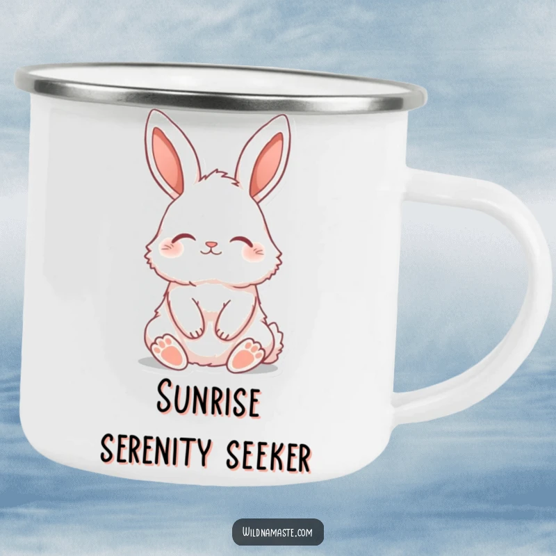 Funny camping mug featuring a fluffy bunny sitting tall with ears perked and eyes closed, perfect for outdoor relaxation.