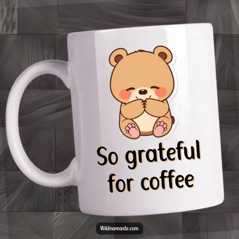 Funny mug featuring a small, round bear cub happily bowing with its paws together, radiating politeness and cuteness.