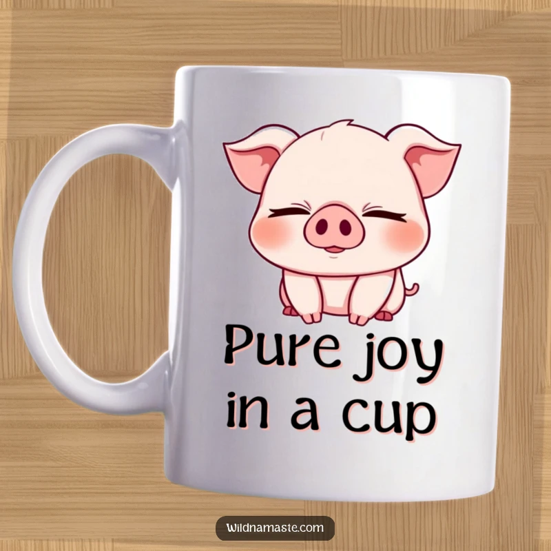 Funny mug showing a cheerful, chubby piglet with its eyes closed in a deep bend, radiating pure bliss.