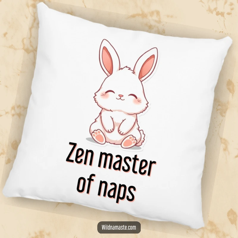 Funny pillow design of a fluffy bunny sitting tall with ears perked and eyes closed, offering plush comfort.