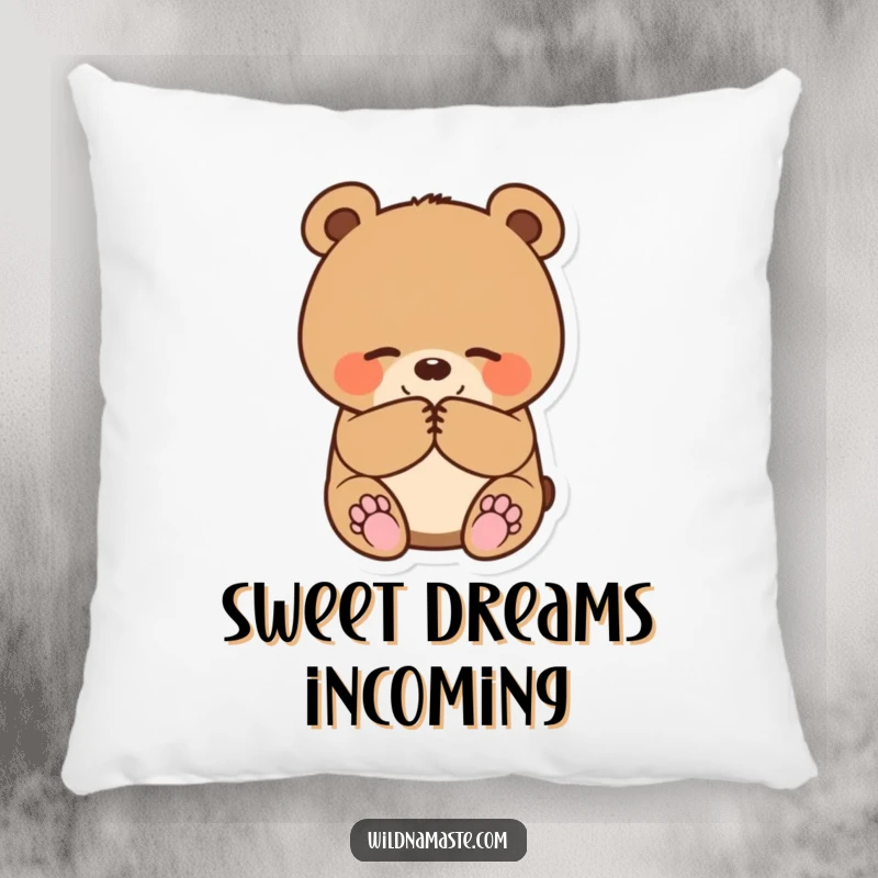 Funny pillow design of a small, round bear cub bowing politely with paws together, offering plush comfort and charm.