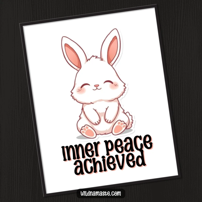 Funny digital art print of a fluffy bunny with ears perked, sitting tall with closed eyes, perfect for serene decor.