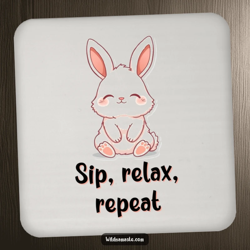 Funny drink coaster showcasing a fluffy bunny sitting tall with ears perked and eyes closed, bringing peace.