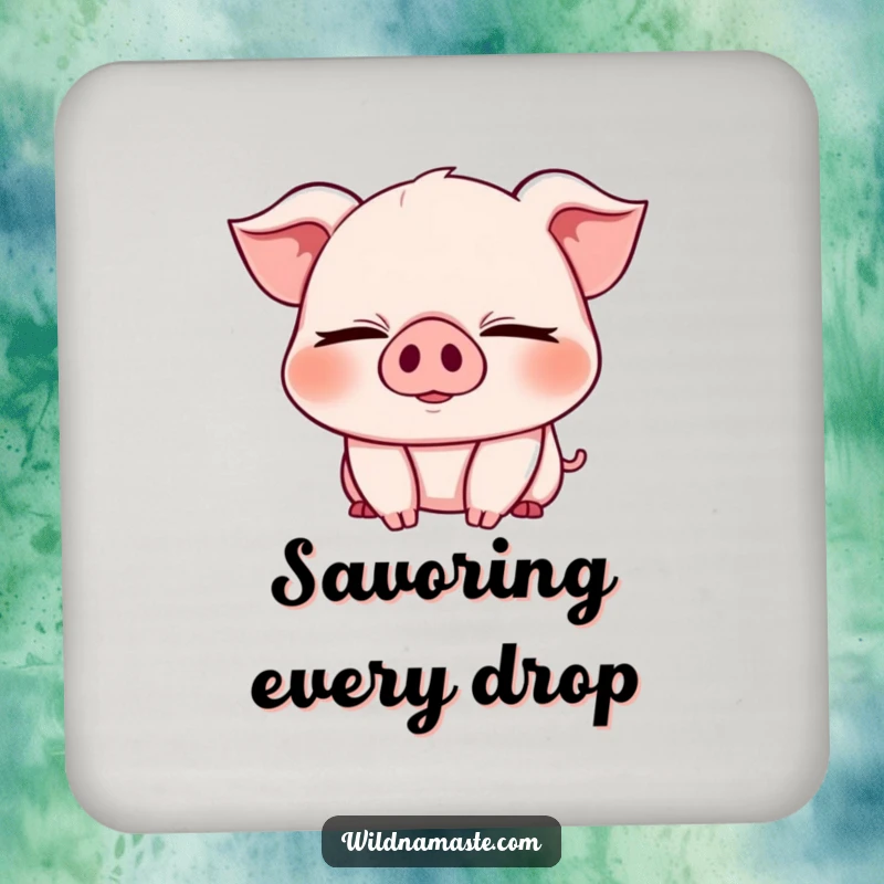 Funny drink coaster showcasing a cheerful, chubby piglet with eyes closed in a deep bend, adding charm.