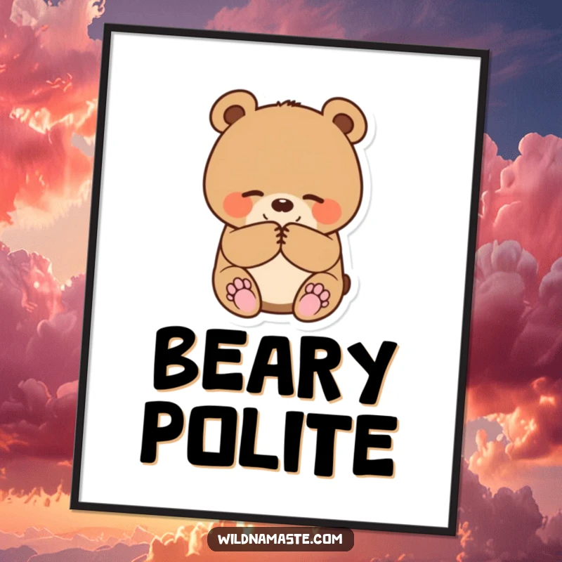 Funny poster art of a small, round bear cub bowing happily with paws together, adding charm and politeness to wall decor.