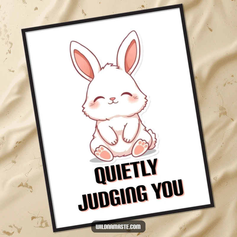 Funny poster art of a fluffy bunny with ears perked, sitting tall with closed eyes, bringing peaceful vibes.