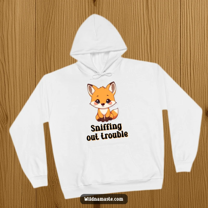 Funny hoodie featuring a tiny, curious fox with its head tilted and a gentle nose twitch, offering cozy exploration.