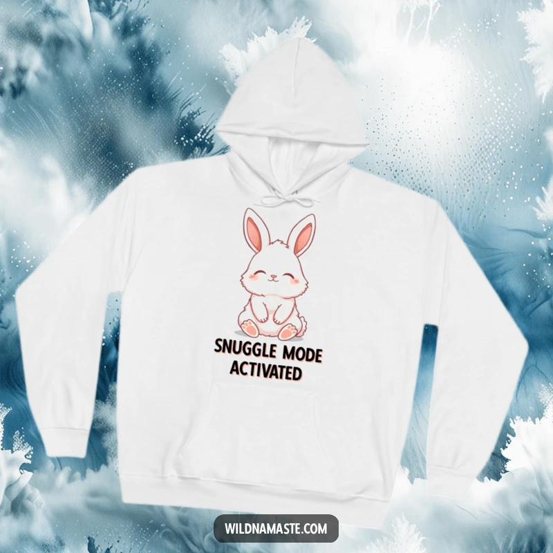 Funny hoodie featuring a fluffy bunny sitting tall with ears perked and eyes closed, offering cozy serenity.