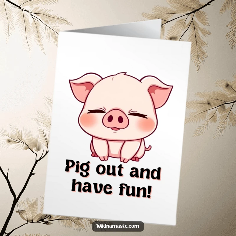 Funny Free Printable Birthday Card: A cheerful, chubby piglet with eyes closed, in a deep, happy bend, radiating pure bliss.