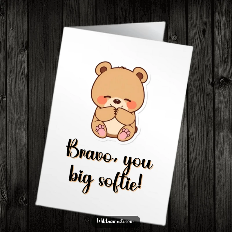 Funny Free Printable Congratulations Card: A small, round bear cub bowing happily with paws together, celebrating an achievement.