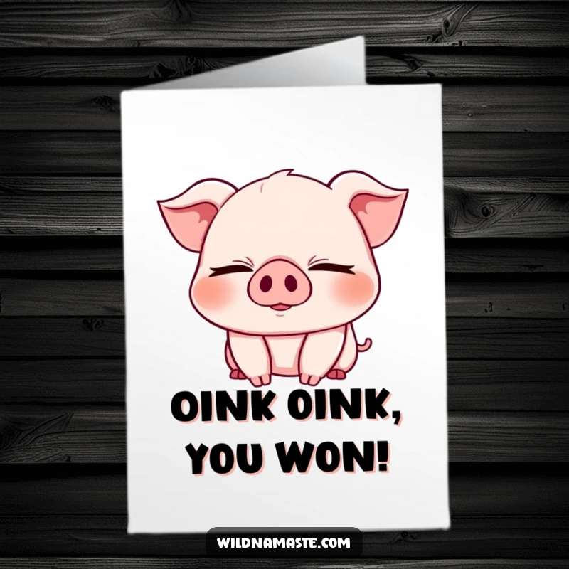 Funny Free Printable Congratulations Card: A cheerful, chubby piglet with eyes closed, bowing deeply in pure celebratory joy.