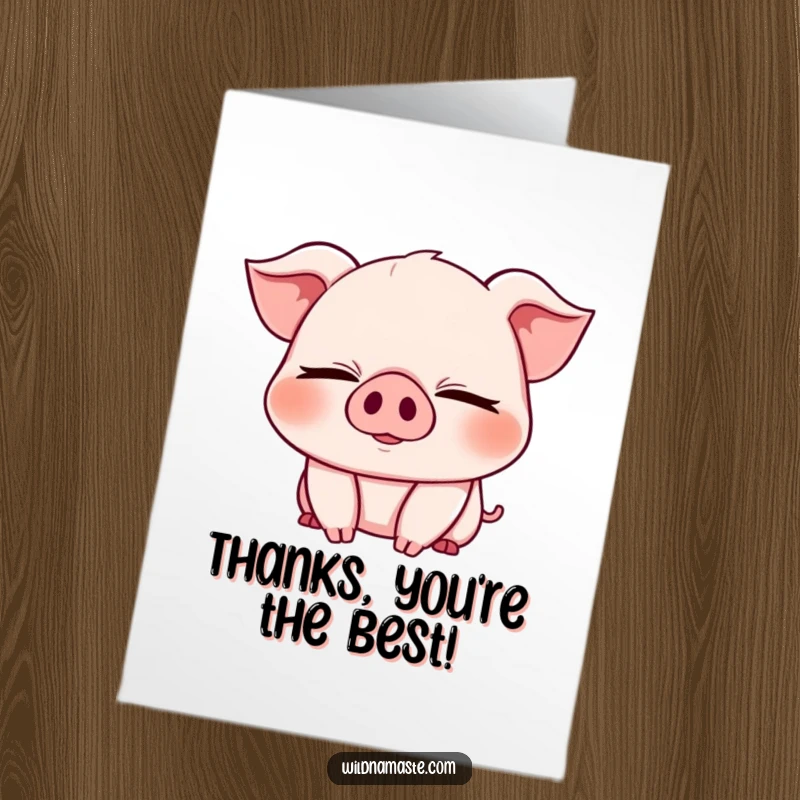 Funny Free Printable Thank You Card: A cheerful, chubby piglet with eyes closed, in a deep bend, expressing heartfelt thanks.