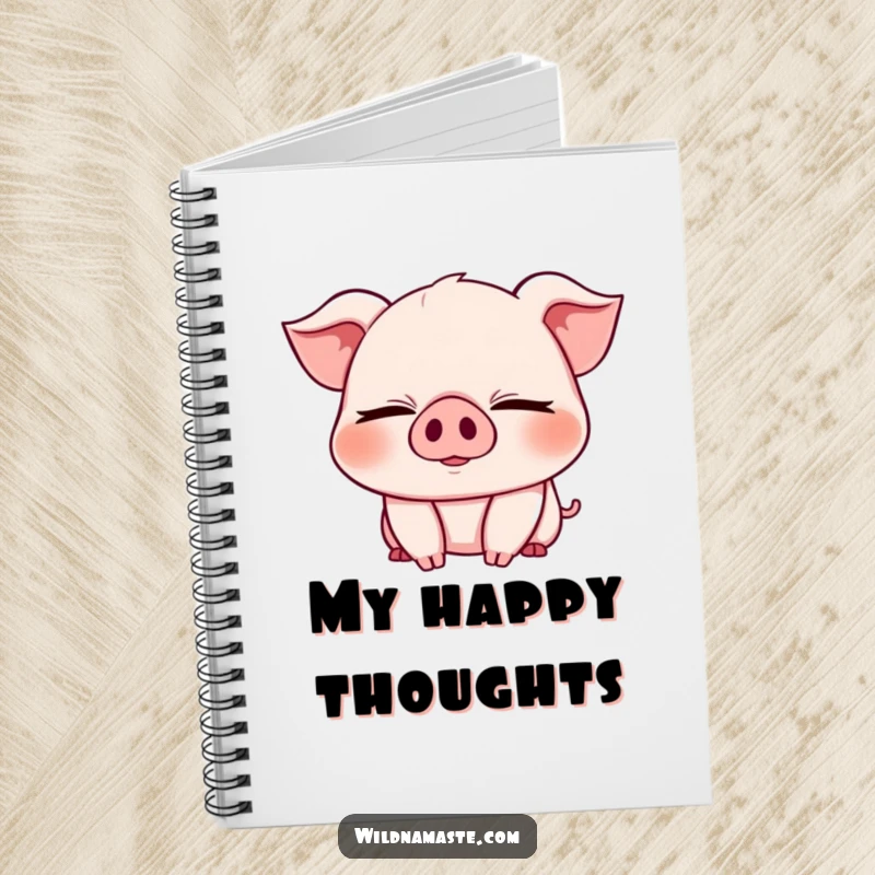 Funny notebook cover displaying a cheerful, chubby piglet with eyes closed in a deep bend, ready for notes.
