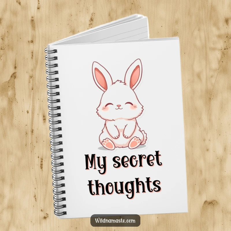Funny notebook cover displaying a fluffy bunny with ears perked, sitting tall with closed eyes, ready for notes.