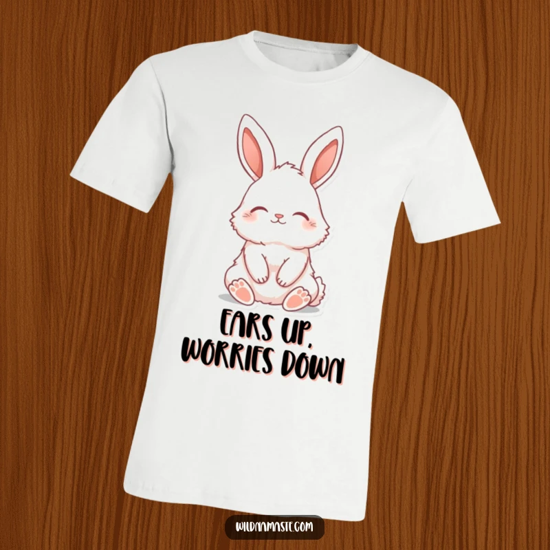 Funny t-shirt depicting a fluffy bunny with ears perked, sitting tall with closed eyes, embodying peacefulness.