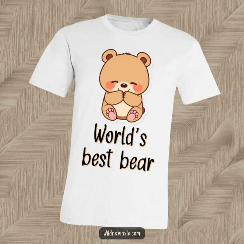 Funny t-shirt with a small, round bear cub happily bowing with paws together, embodying sweetness and politeness.