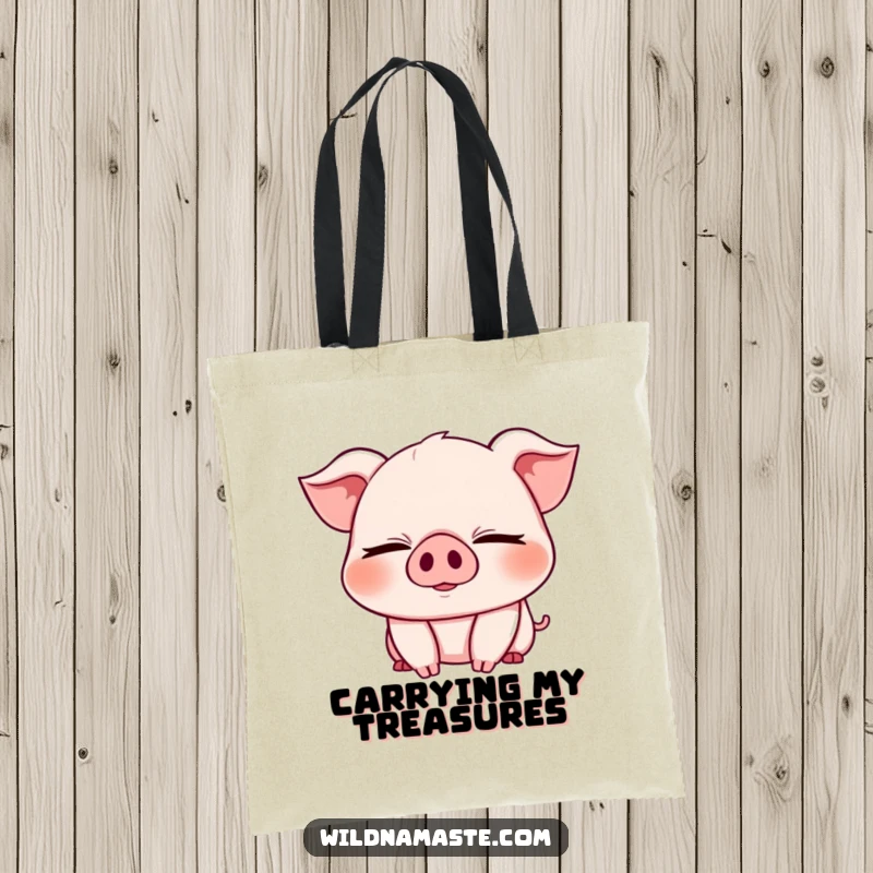 Funny tote bag illustrated with a cheerful, chubby piglet with eyes closed in a deep bend, perfect for carrying essentials.